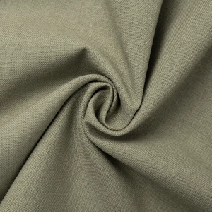 Macro shot of olive green linen fabric texture with natural fiber weave and soft drape