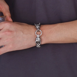 Men's leather cord bracelet with silver double wolf heads and woven diamond pattern