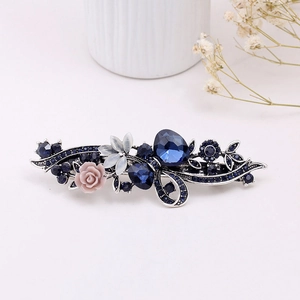 Pince à cheveux vintage avec strass bleus et rose en résine sur base argentée