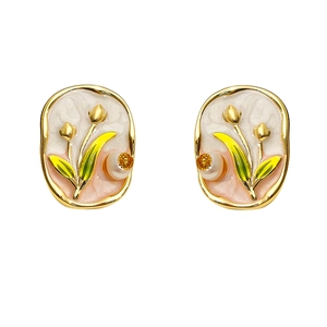 Elegant tulip flower pearl enamel stud earrings with gold frames in oil painting style