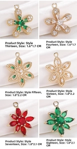 Detailed view of copper flower pendants with zircon inlay in multiple vintage styles