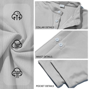 Men's light grey waffle polo shirt with breathable polyester fabric and buttoned stand collar