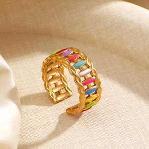 Colorful Enamel Open Ring Stainless Steel Woven Chain Adjustable Fashion Bohemian Jewelry For Women Daily Wear Accessory
