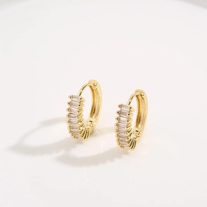 Elegant 18K gold-plated hoop earrings with rectangular baguette zircons on white background