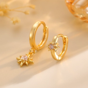 Exquisite gold asymmetric eight-pointed star hoop earrings with clear zircon stones
