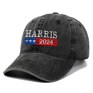 Washed black cotton baseball cap with Harris 2024 embroidery and American flag detail