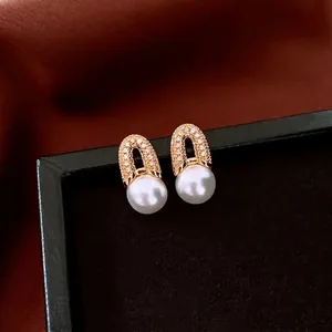 French Artificial Pearl Earrings With 925 Sterling Silver Earring Post 18K Real Gold Plated Geometric Zircon Elegant Jewelry Women