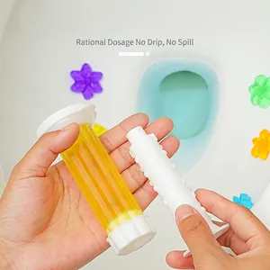 Toilet flower gel cleaner set with yellow refill and white push rod for odor removal