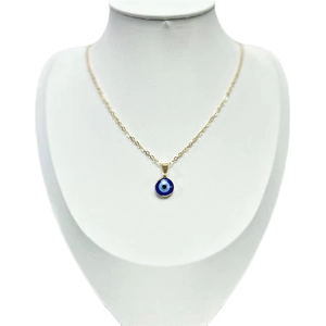 Golden titanium steel necklace with blue devil eye pendant on model neck