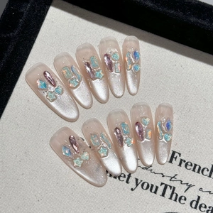 Handmade Press On Nails Cat Eye Magnetic Long Almond Rhinestone Gem Sparkling Elegant Manicure Reusable For Women