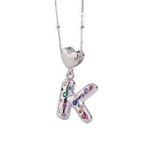 Silver heart-shaped necklace with letter K pendant inlaid with colorful zircon stones