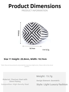 Detailed dimensions of silver stainless steel geometric ring with cross line pattern