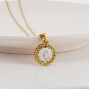 Round Initial Letter Pendant Necklace 18K Gold Plated Stainless Steel With Shell And Rhinestone Inlay Fashion For Women