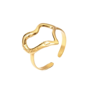 Detailed view of 18k gold plated open ring with unique hammered texture and irregular curve