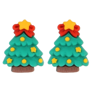 Detail of resin Christmas tree earrings with festive red bow and yellow star on top