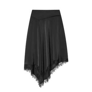 Elegant black satin midi skirt featuring asymmetrical lace trim and a smooth silky finish