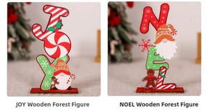 Close-up of JOY and NOEL wooden gnome ornaments with gingerbread and snowflake details
