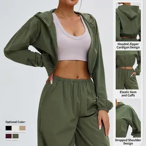 Women's olive green sun protection hoodie and pants with elastic cuffs and hood details