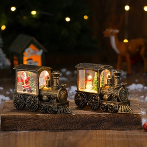 Retro Christmas train lantern with Santa and snowman scenes, warm LED glowing water glitter