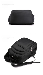 Detail showing high-density nylon fabric and red cross zipper on black business backpack