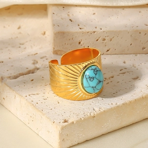 French vintage 18K gold stainless steel wide ring with turquoise stone and sunburst pattern