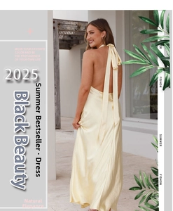 Detailed back view of a satin halter dress with elegant bow tie and open back design