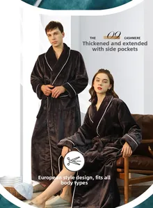 Detail of plush flannel bathrobe showing contrast piping on collar and deep side pockets