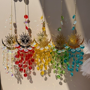 Set of five golden sun and moon crystal suncatchers with colorful hanging beads