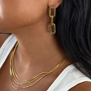 Close-up of triple layered gold link necklace and matching oval drop earrings on model