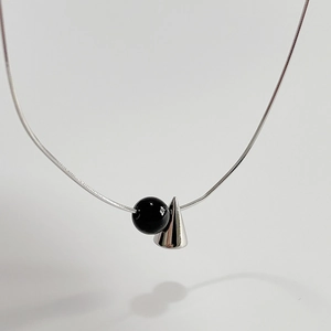 Minimalist 925 sterling silver necklace with black agate beads and silver cone pendants