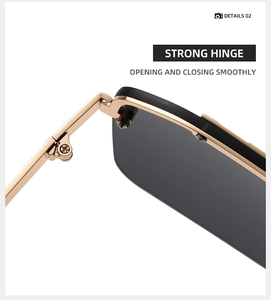 Detalle de bisagras de metal dorado resistentes y lentes grises oscuros de las gafas