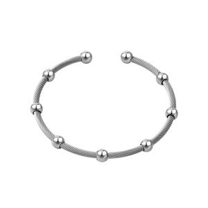 Minimalist silver steel cable wire open bangle with polished round beads for women