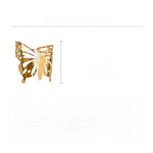 Detail view of golden butterfly cuff bracelet in alloy with sizing and weight info