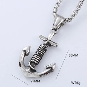Detailed close-up of retro silver anchor pendant with rope texture and box chain