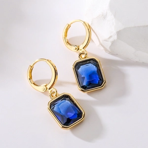 Luxurious 18K gold plated drop earrings with deep blue rectangular cut zircons