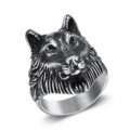 Detailed view of a vintage stainless steel wolf head ring with antique silver finish