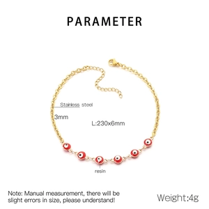 Detailed size specifications for 18K gold stainless steel anklet with red evil eye charms