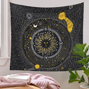 Detailed celestial sun and stars pattern on a black wall hanging fabric tapestry