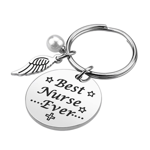 Silver stainless steel Best Nurse Ever keychain with wing charm and white pearl bead