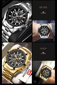 Detail comparison of silver and gold men's sports watches with multi-dial chronograph