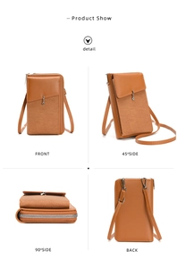 Detailed four-view showcase of brown leather crossbody phone bag with metal hardware