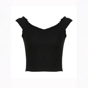 Slim fit black V-neck crop top with ruffled cap sleeves and minimalist summer style
