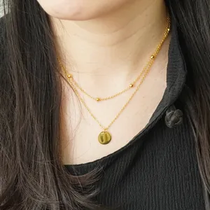 Double Layered Necklace Stainless Steel 18K Gold Plated Round Disc Pendant Gold Beads Minimalist Clavicle Chain Jewelry Women