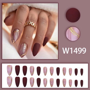 Matte burgundy almond press-on nails with marble texture and gold accents set