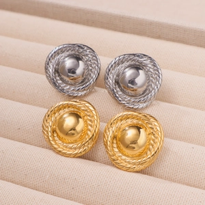 Textured round stud earrings set in 18k gold and silver finish with braided borders