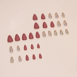 Short almond press-on nails with floral patterns and glossy red finish in 30 pieces