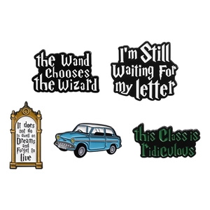 5-piece Harry Potter metal pin set with wizard quotes and blue flying car on white background