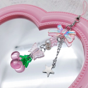 Sweet Pink Cherry Bow Phone Charm Keychain Alloy Resin Bead Star Butterfly Bag Pendant Accessory For Girls