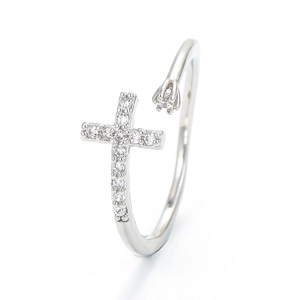Minimalist silver cross open ring featuring sparkling white cubic zirconia accents