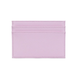 Detail view of pink Saffiano PU leather card holder with precise stitching and two slots